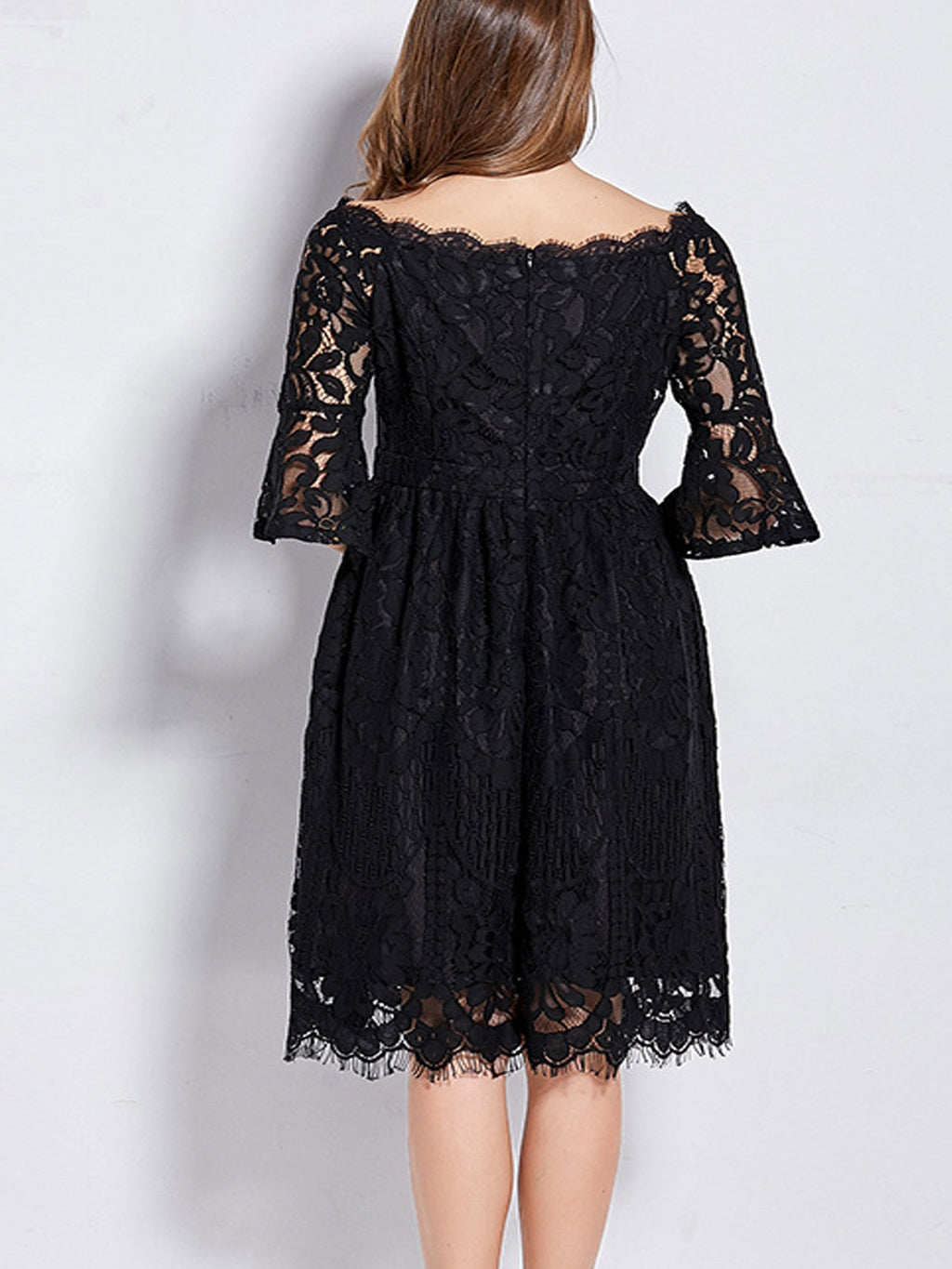 Women Wide Neck Flare Loose Sheer Sleeves Dress