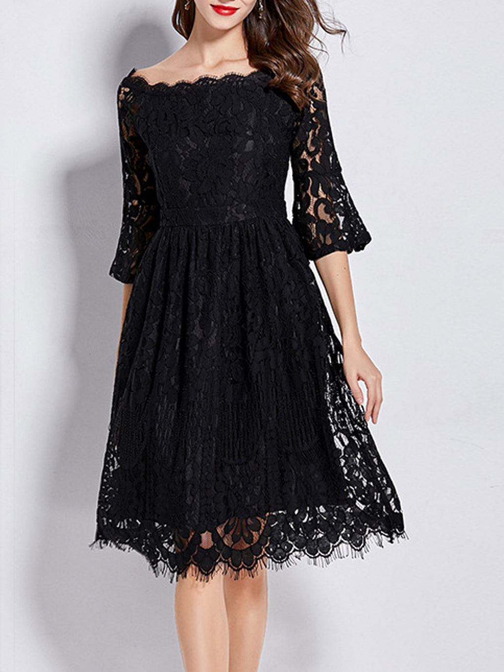 Women Wide Neck Flare Loose Sheer Sleeves Dress