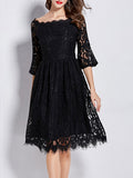 Women Wide Neck Flare Loose Sheer Sleeves Dress