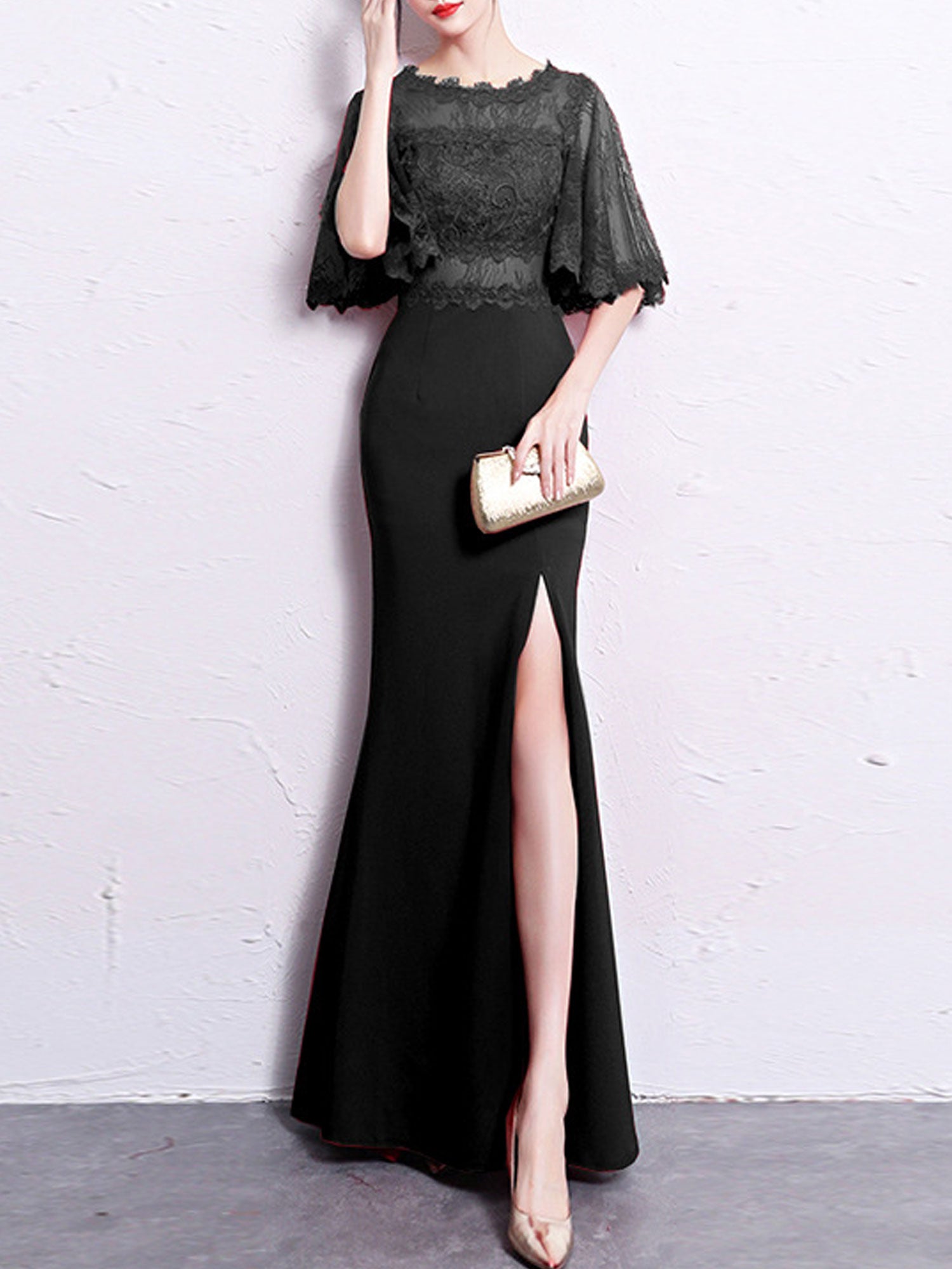 Women Lace Loose Sleeve Side Slit Wedding Dress