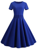 Women Lace Belt Round Neck Solid Pattern Dress