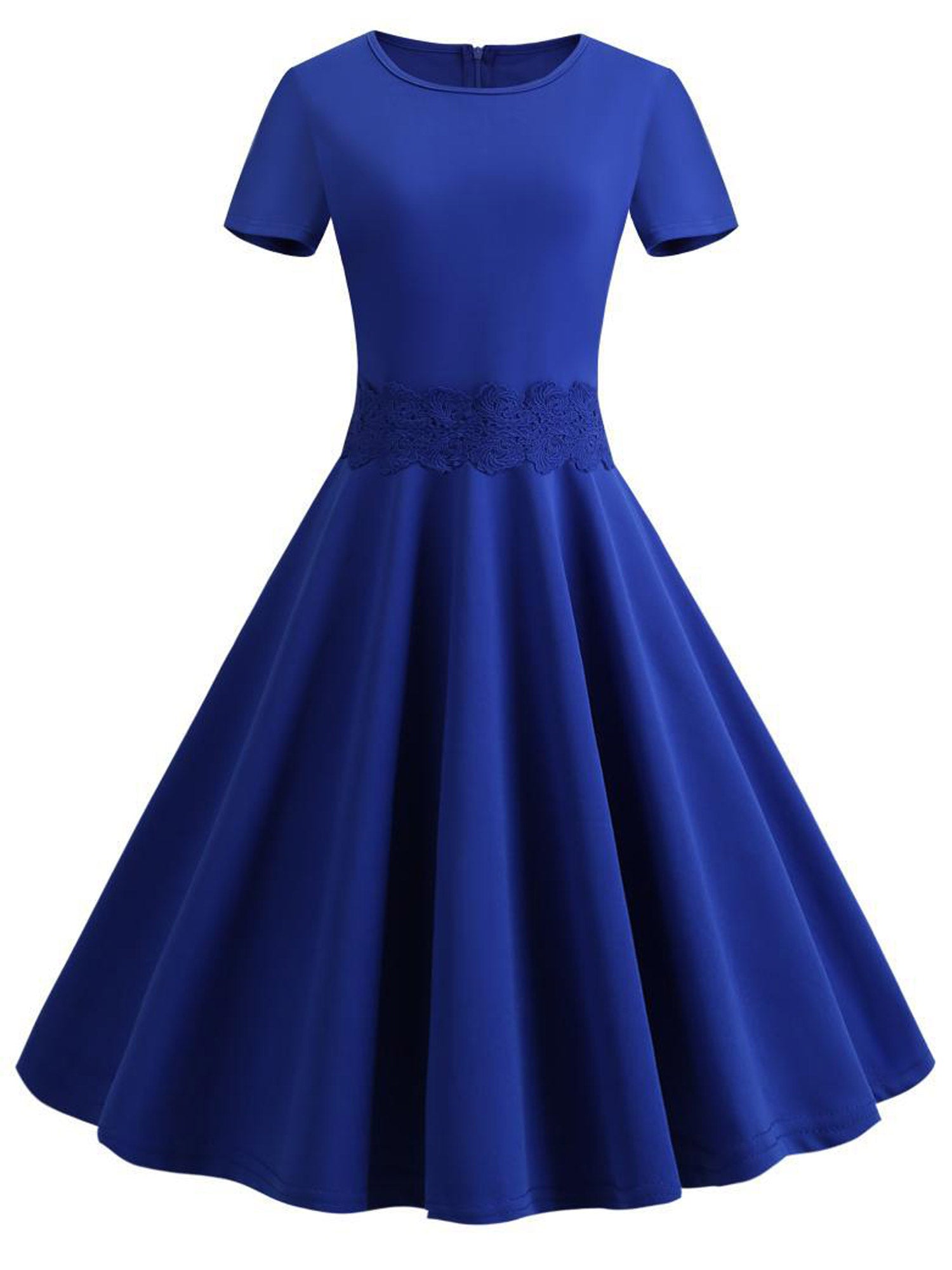 Women Lace Belt Round Neck Solid Pattern Dress