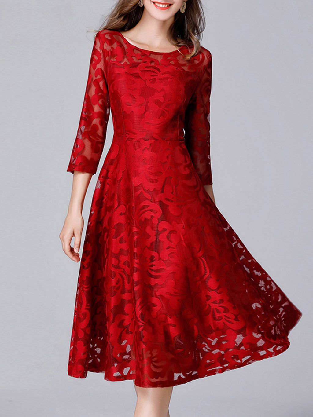Women Round Neck Slim Waist Fashion Dress