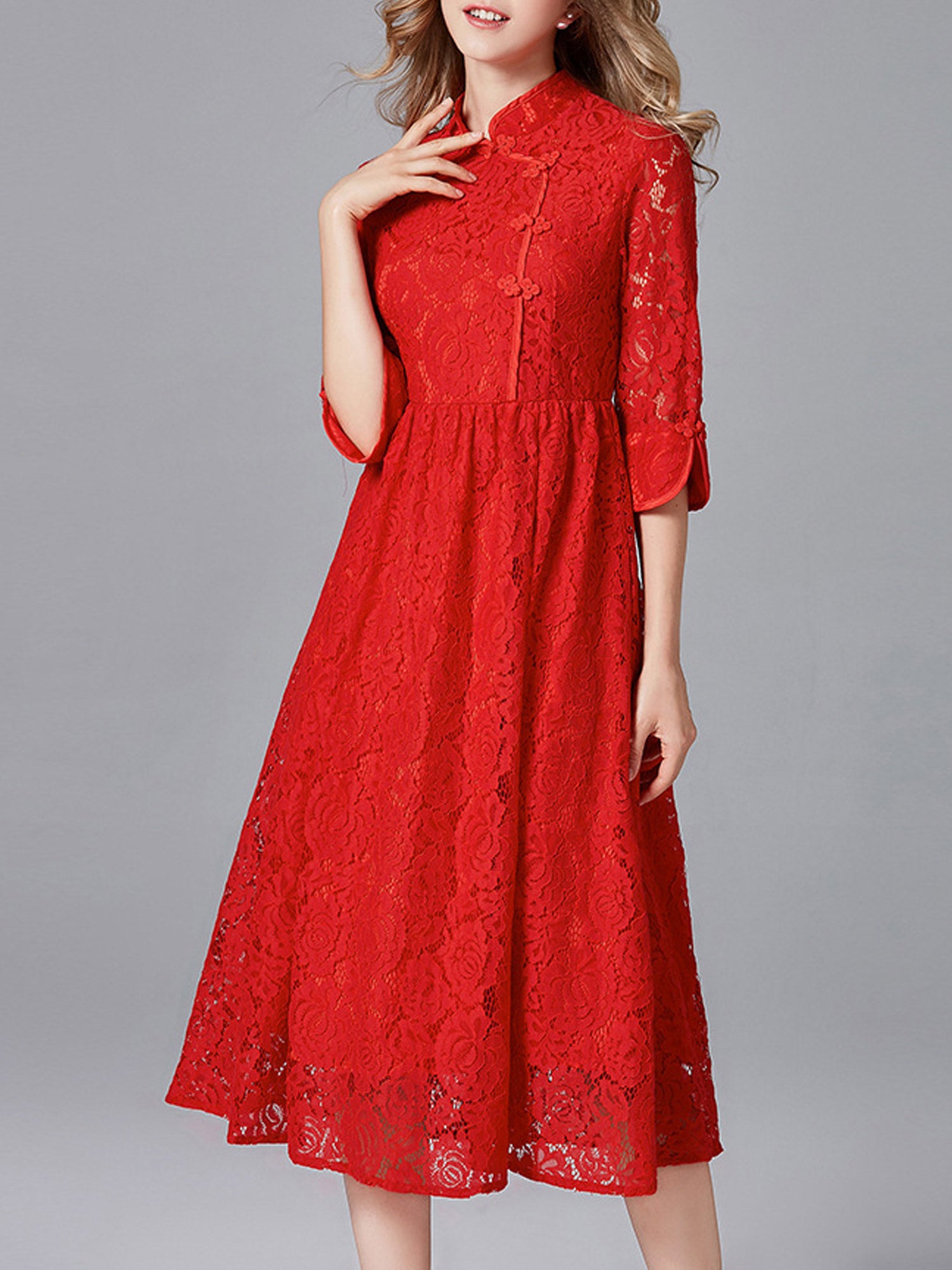 Women Lace High Neck Pleated Dress