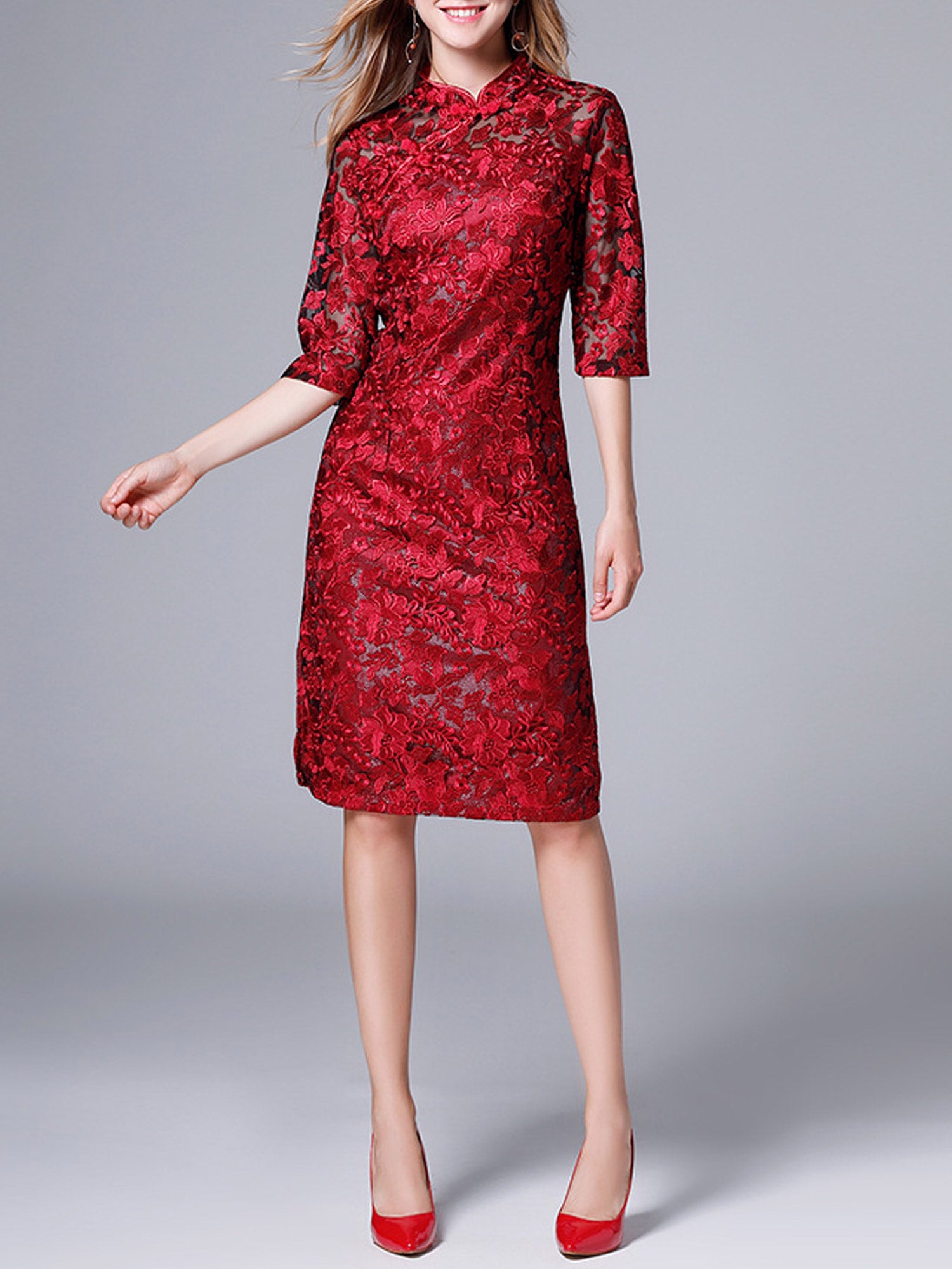 Women Lace 3/4 Sleeve Decorated Wedding Dress