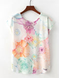 Women Round Neck Flower Bloom Loose T-Shirt