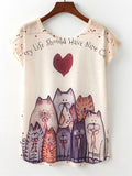 Women Cartoon Pattern Round Neck Loose T-Shirt