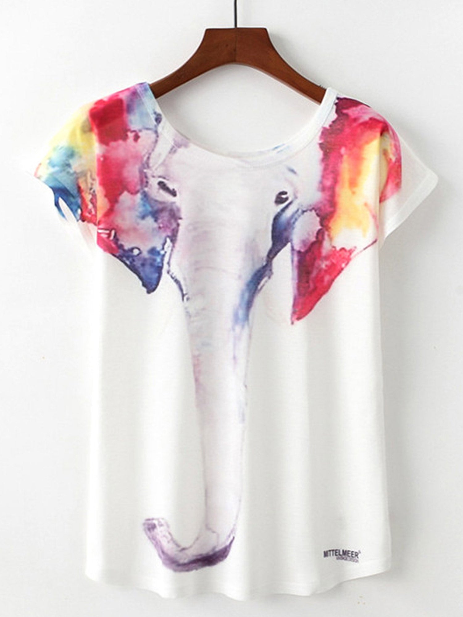 Women Elephant Printed Loose Round Neck T-Shirt