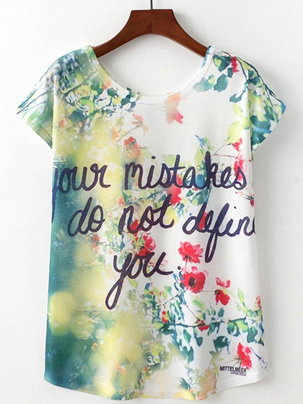 Women Floral Pattern Loose Round Neck T-Shirt