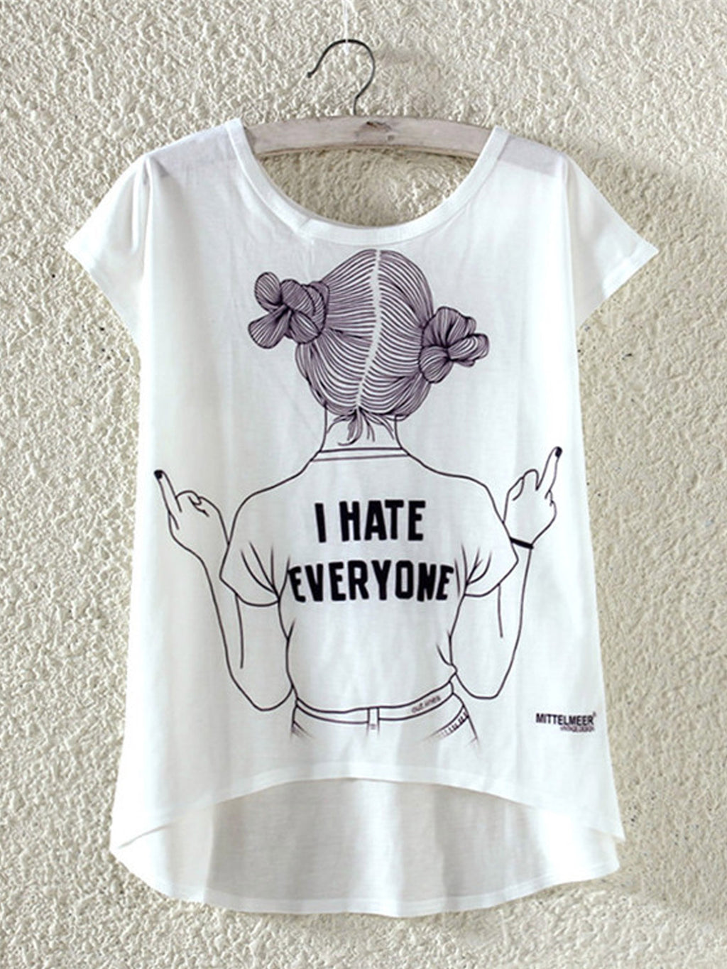Women Girl Printed Irregular Hem Casual T-Shirt
