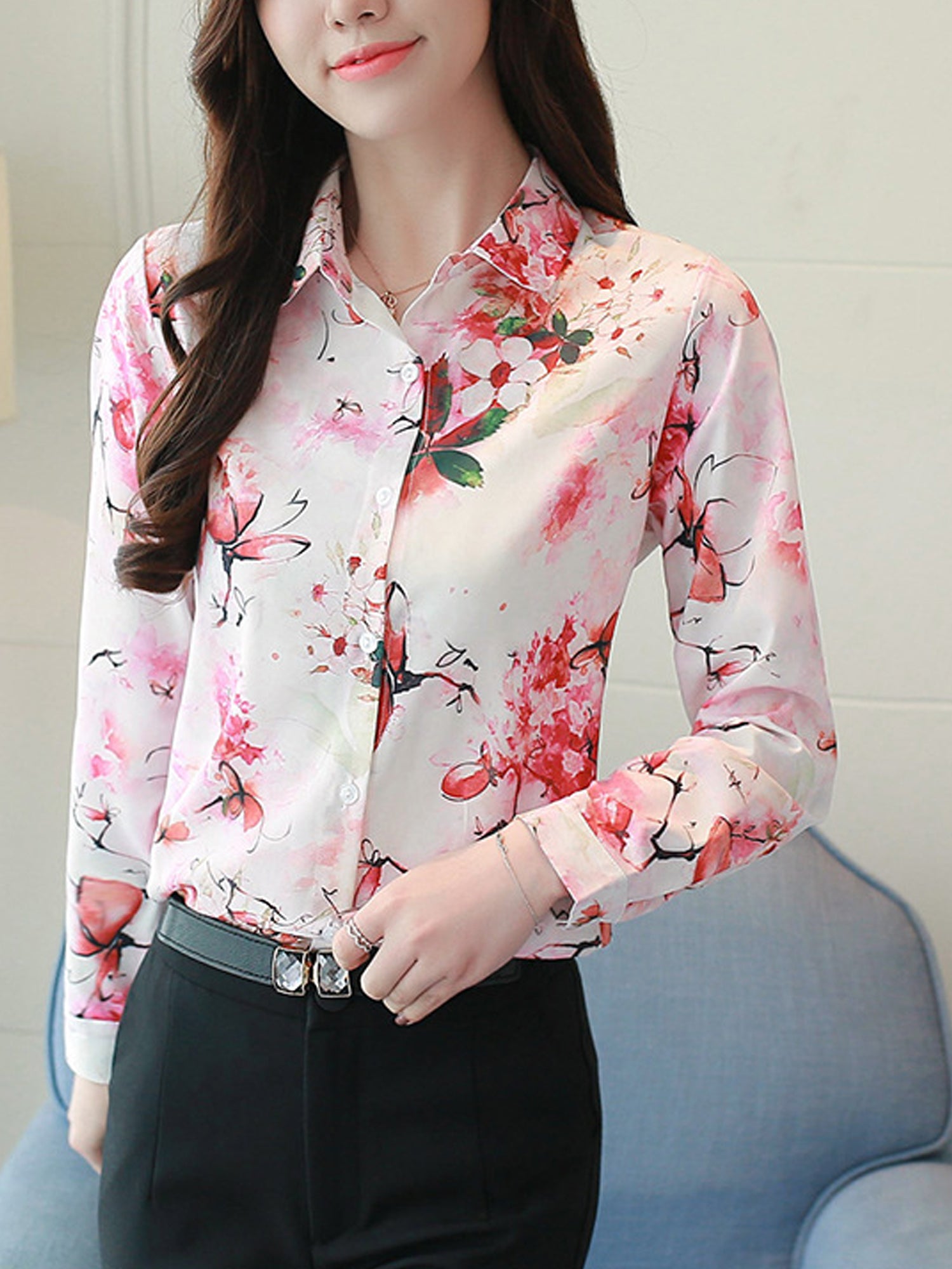 Women Flower Printed Long Sleeved Shirt