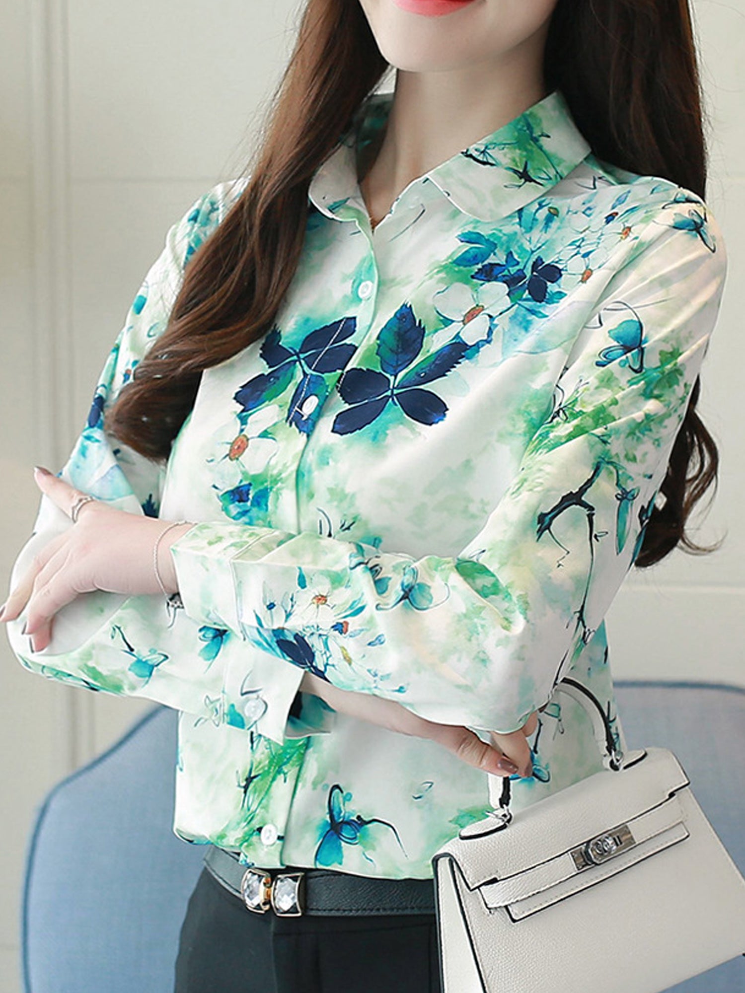 Women Flower Printed Long Sleeved Shirt