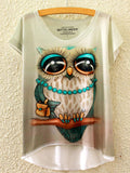 Women Owl Print High Low hem Summer T-Shirt
