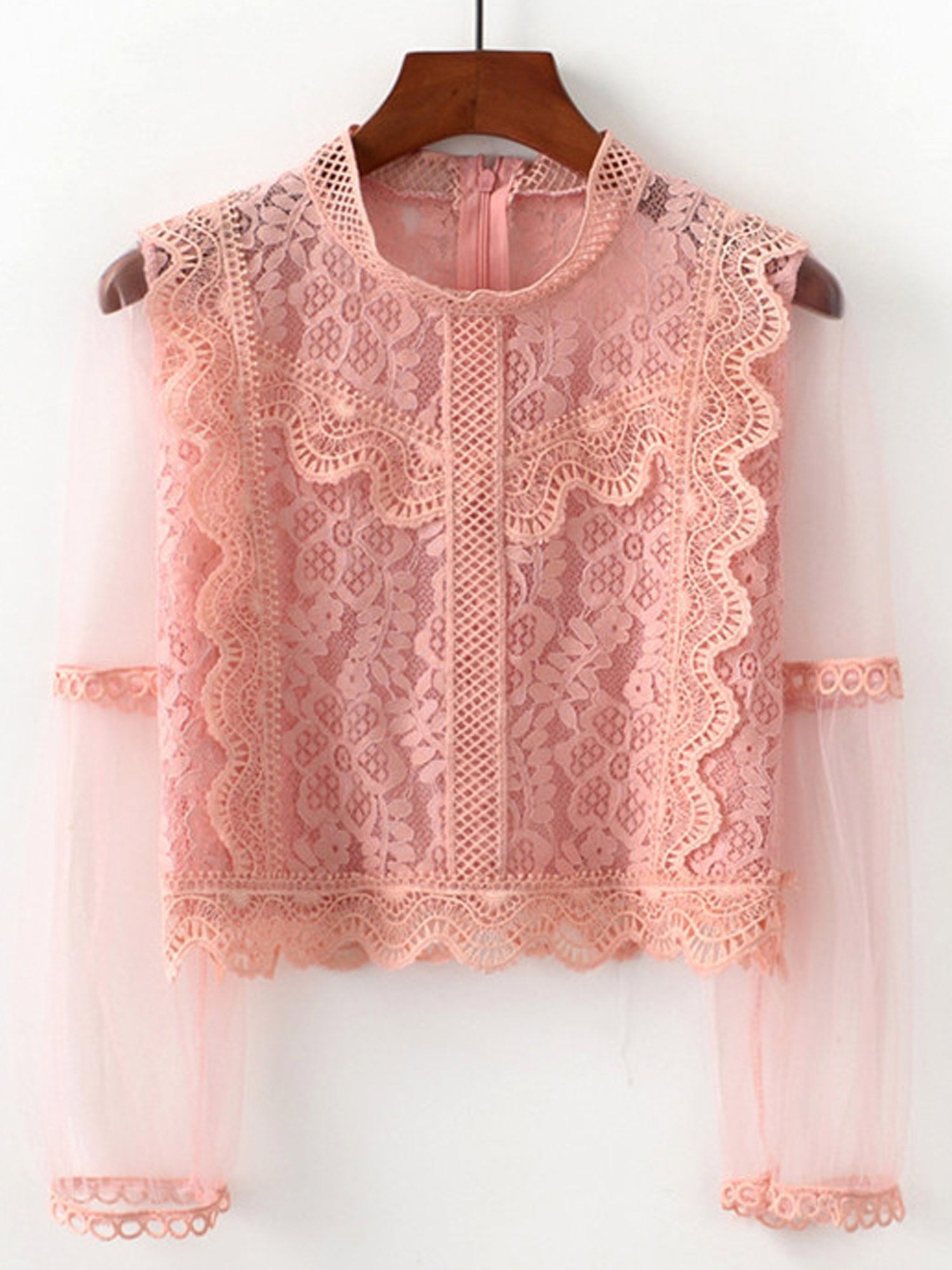 Women Crochet Lace Sheered Long Sleeve Top