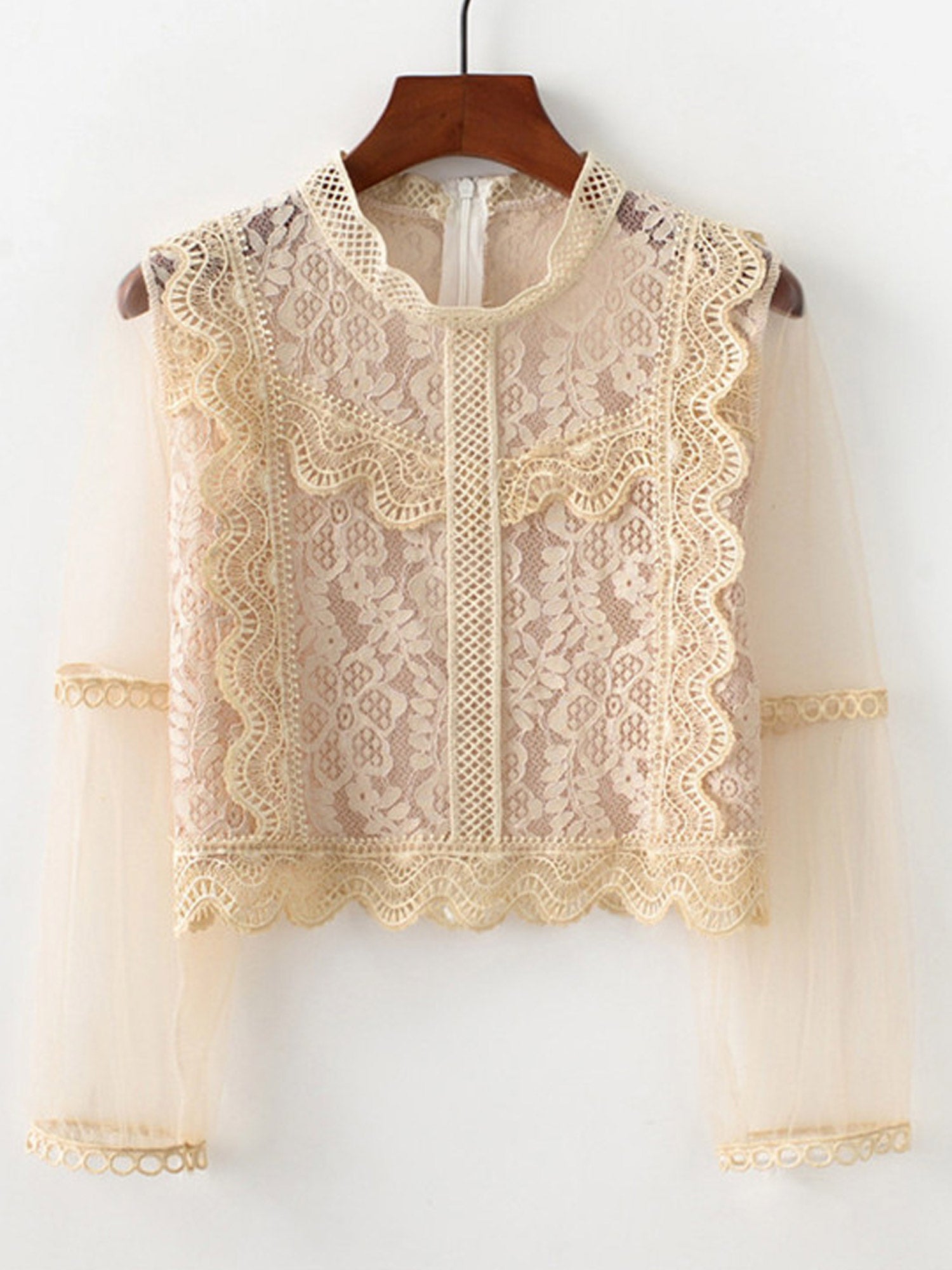 Women Crochet Lace Sheered Long Sleeve Top