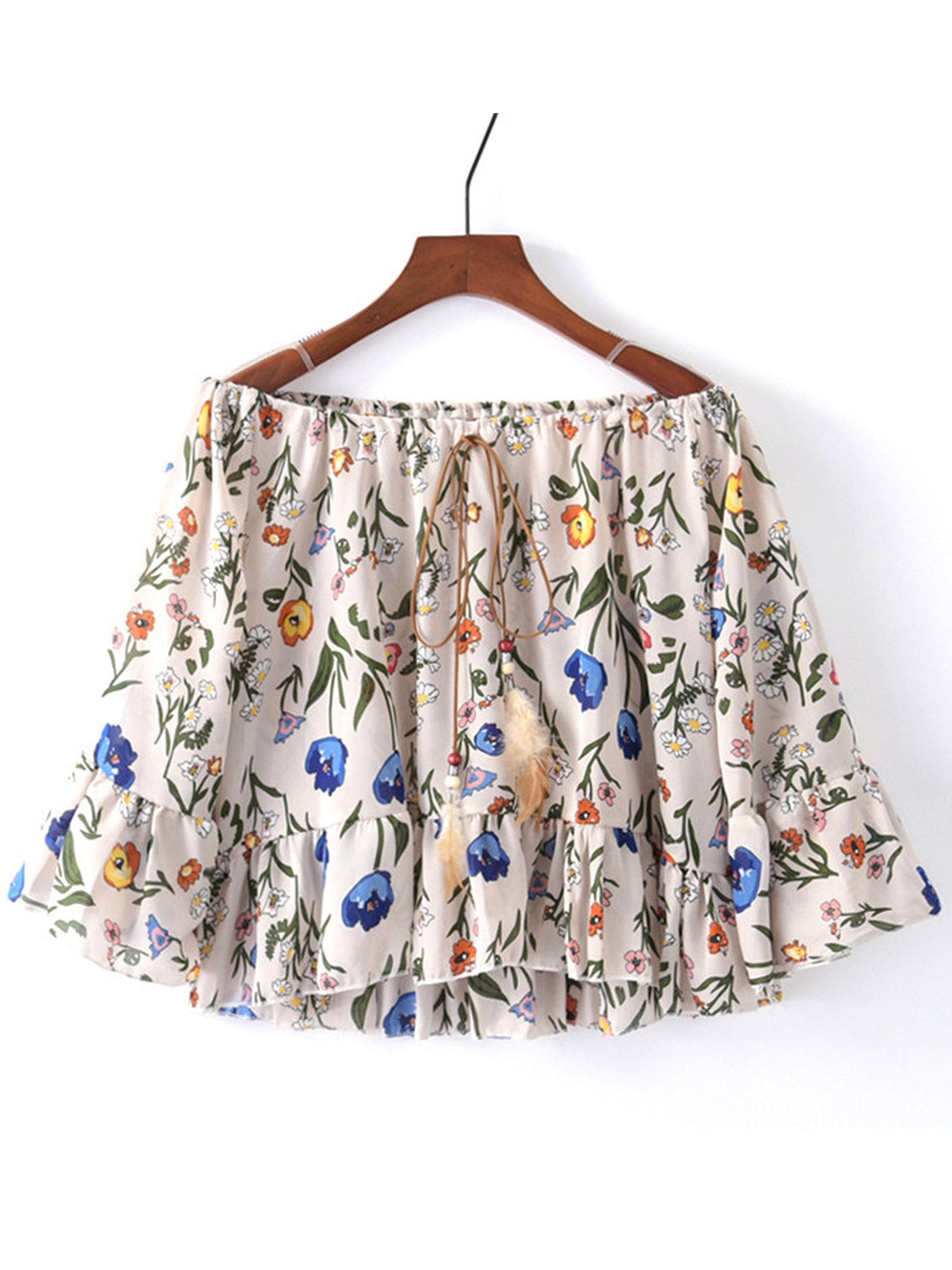 Women Off Neck Ruffled Hem Printed Summer Top