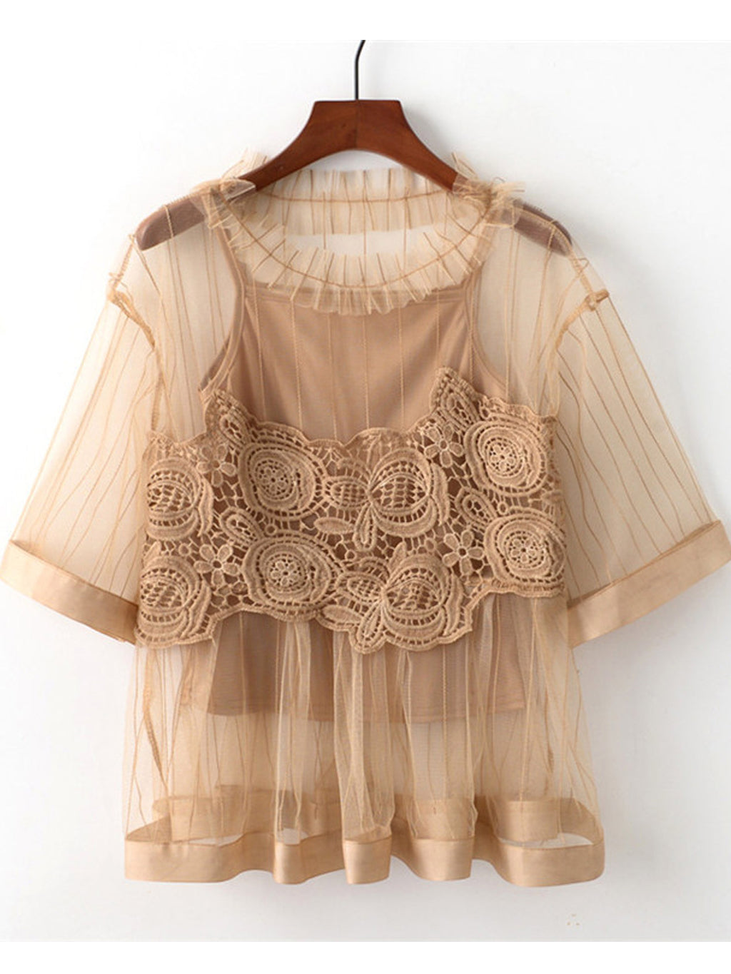 Women Sheered Lace Decoration Beautiful Top