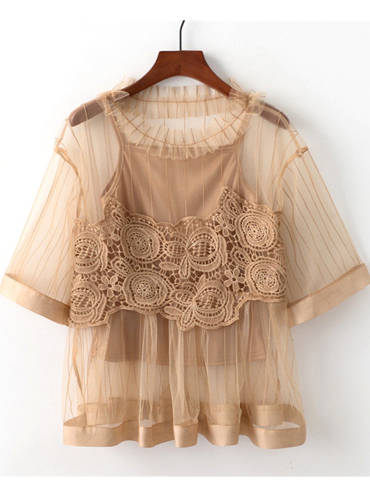 Women Sheered Lace Decoration Beautiful Top