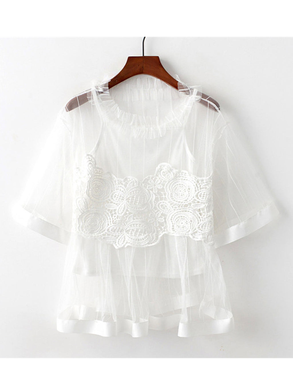 Women Sheered Lace Decoration Beautiful Top