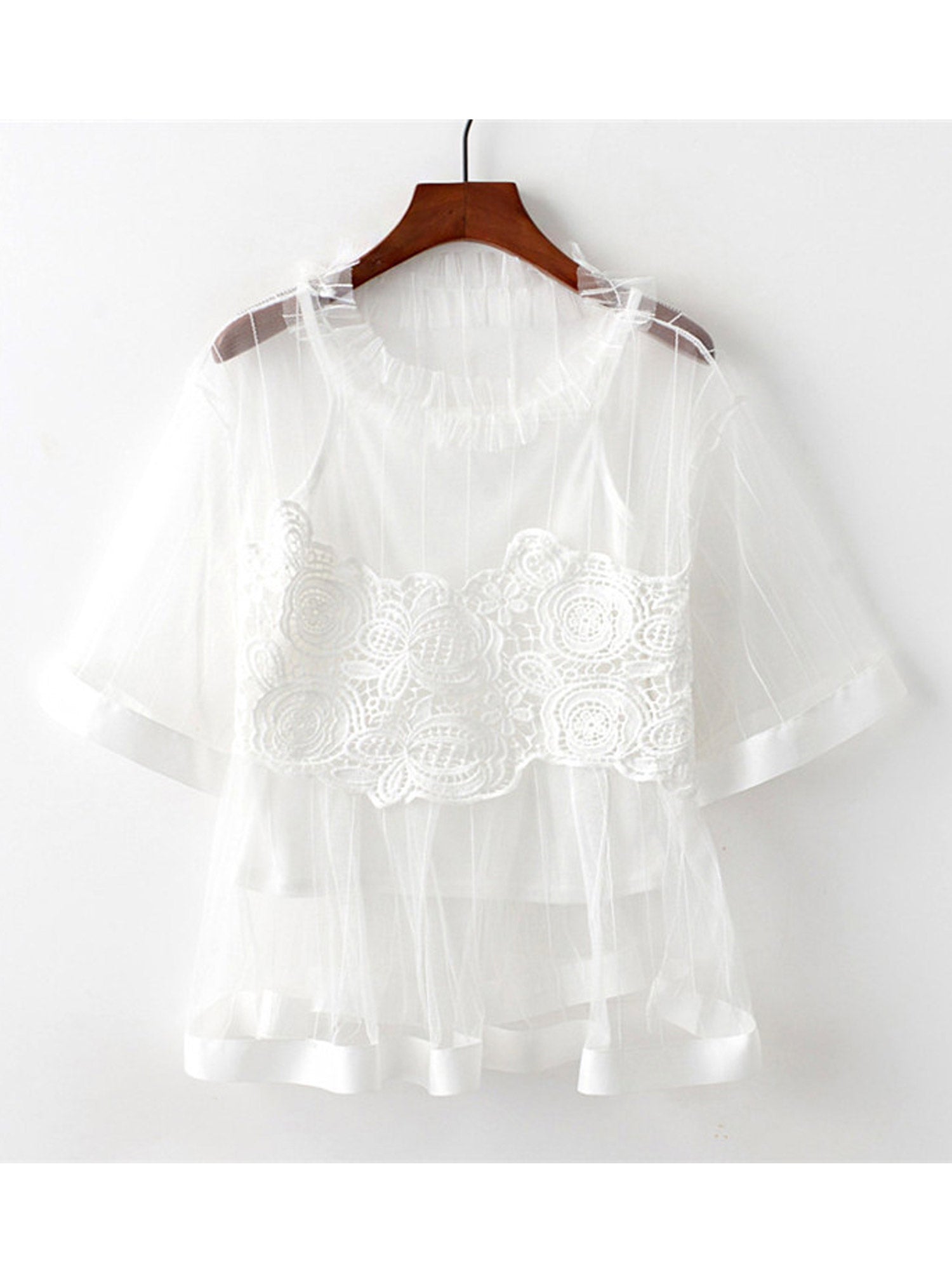 Women Sheered Lace Decoration Beautiful Top