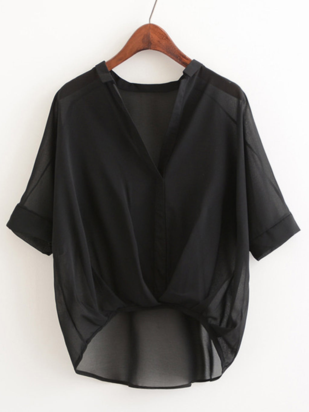 Women V-Neck High Low Hem Chiffon Top