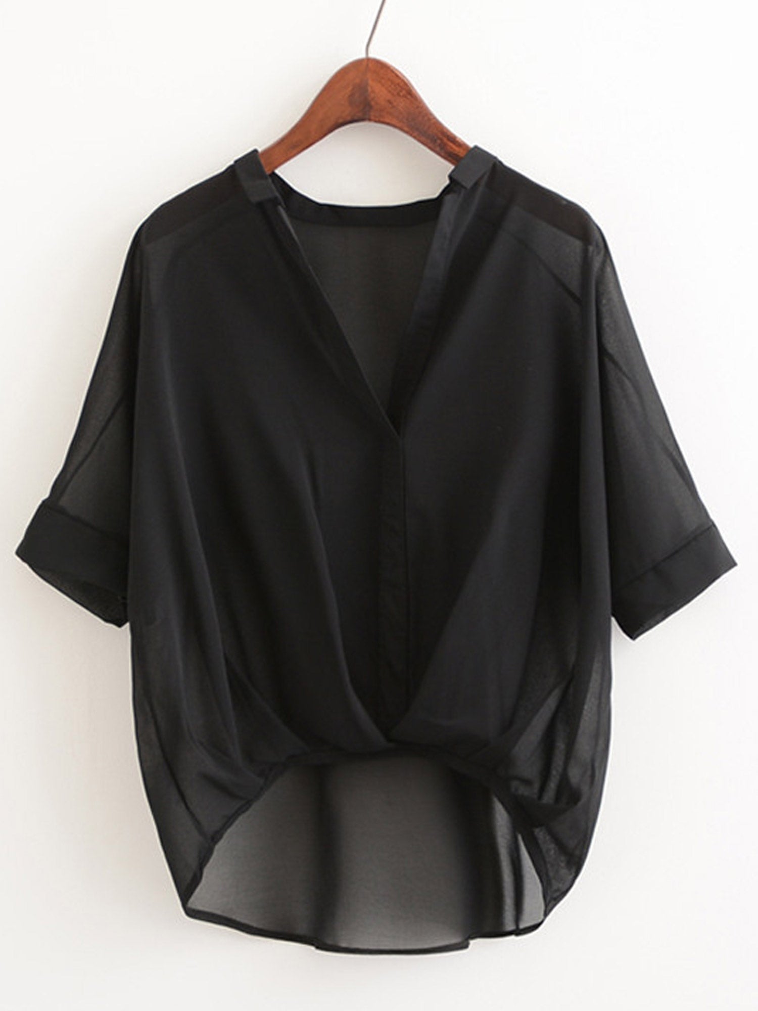 Women V-Neck High Low Hem Chiffon Top