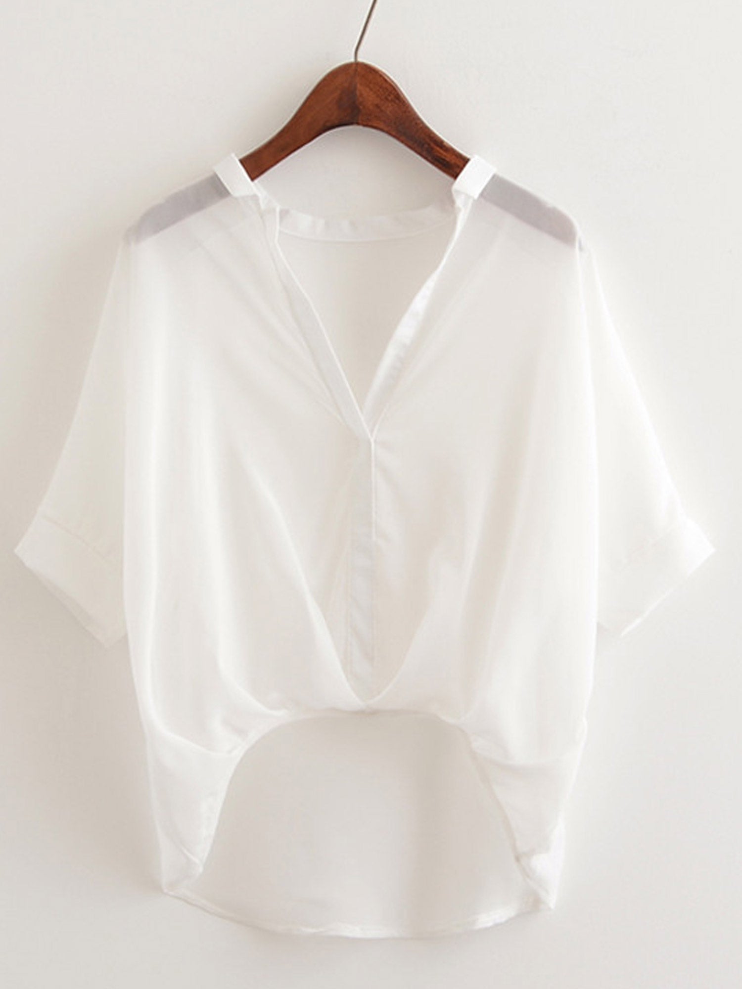 Women V-Neck High Low Hem Chiffon Top