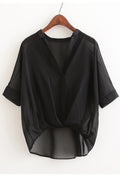 Women V-Neck High Low Hem Chiffon Top