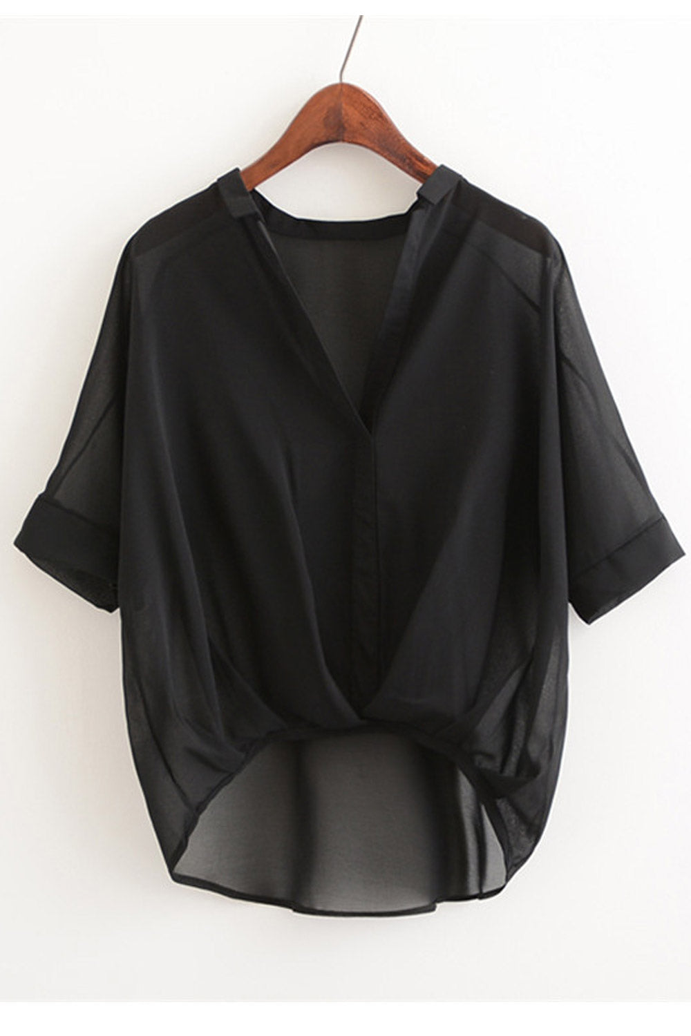 Women V-Neck High Low Hem Chiffon Top