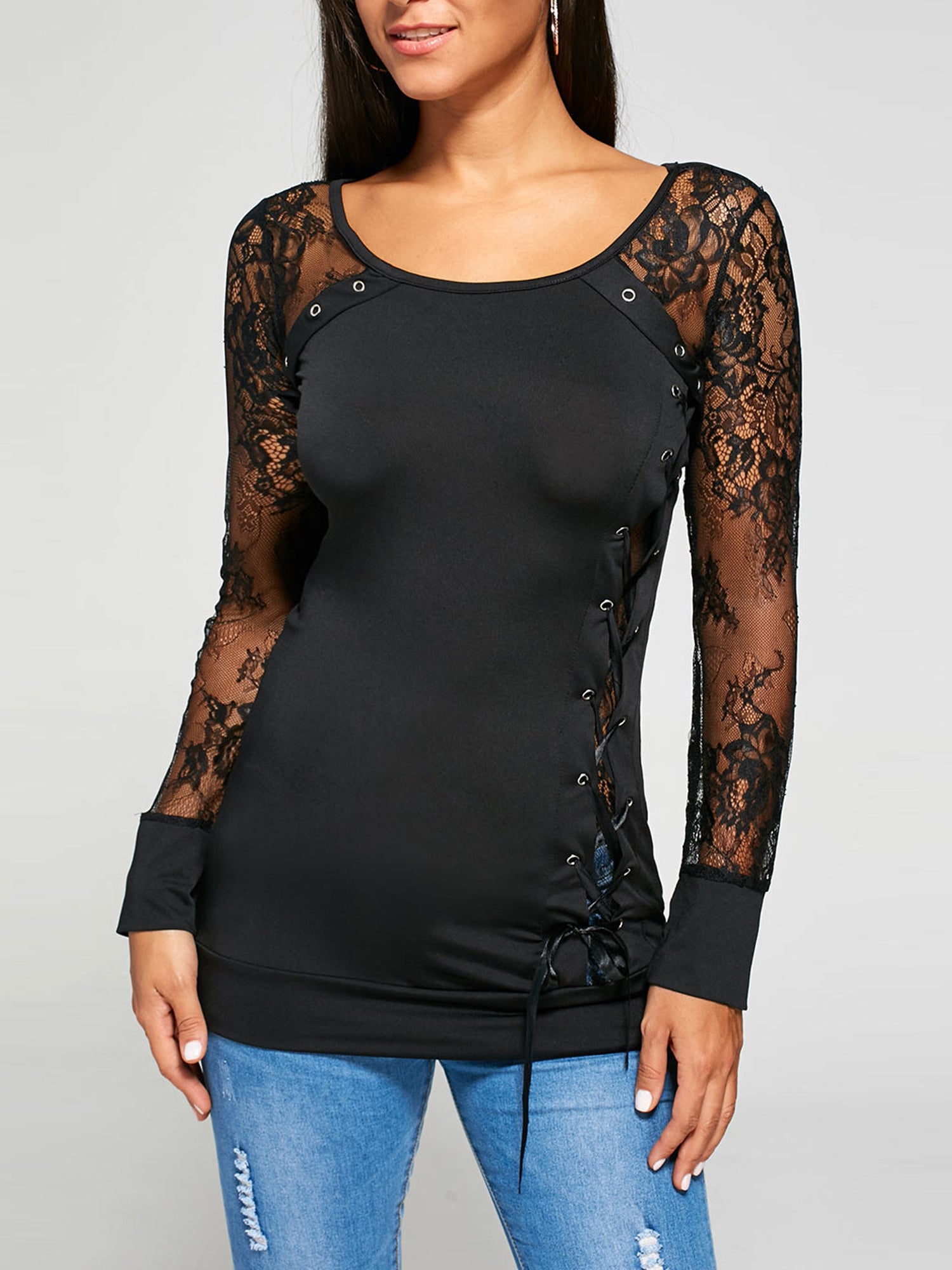 Women Round Neck Lace Sleeves T-Shirt