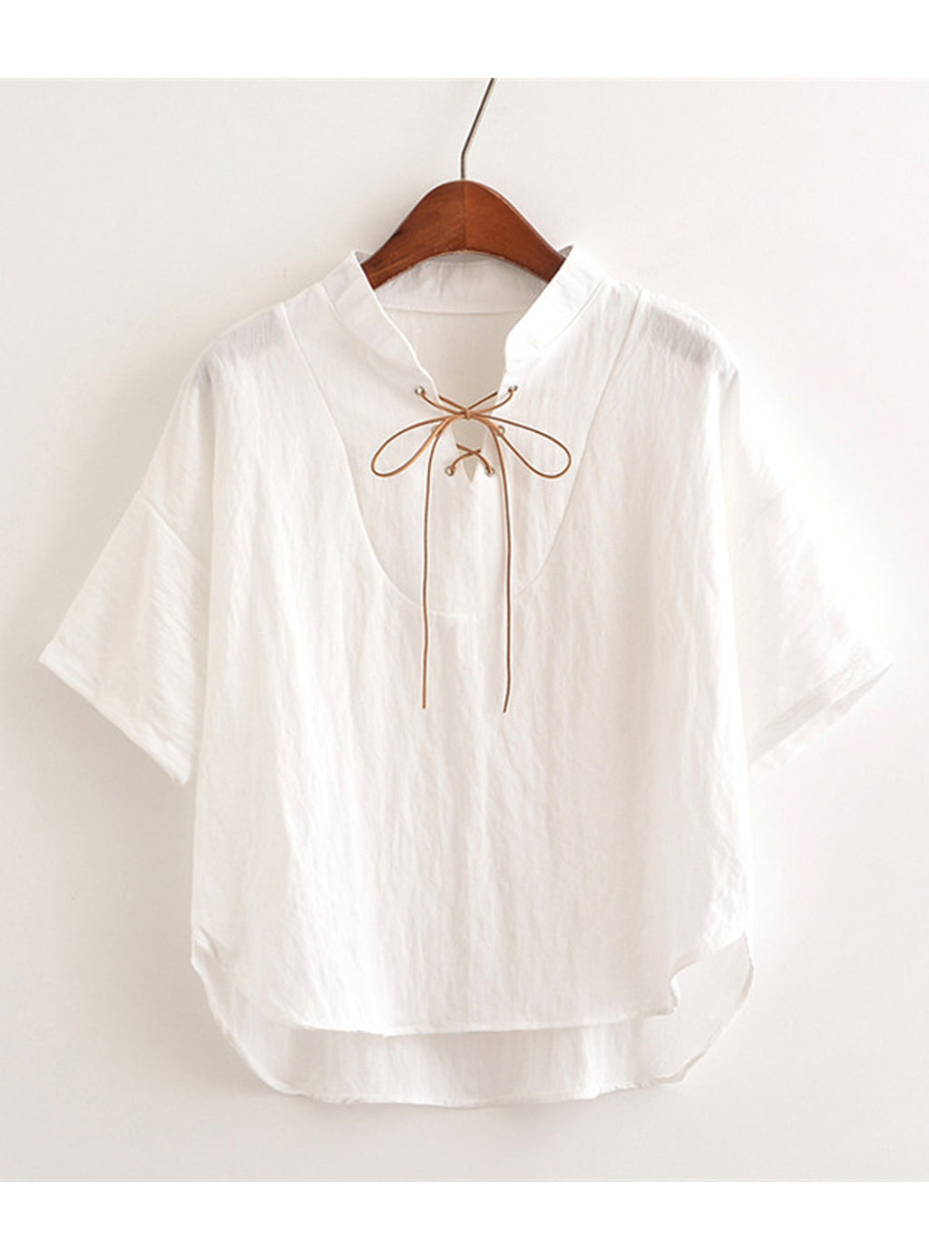 Women Tie Neck Solid Colored Irregular Hem Top