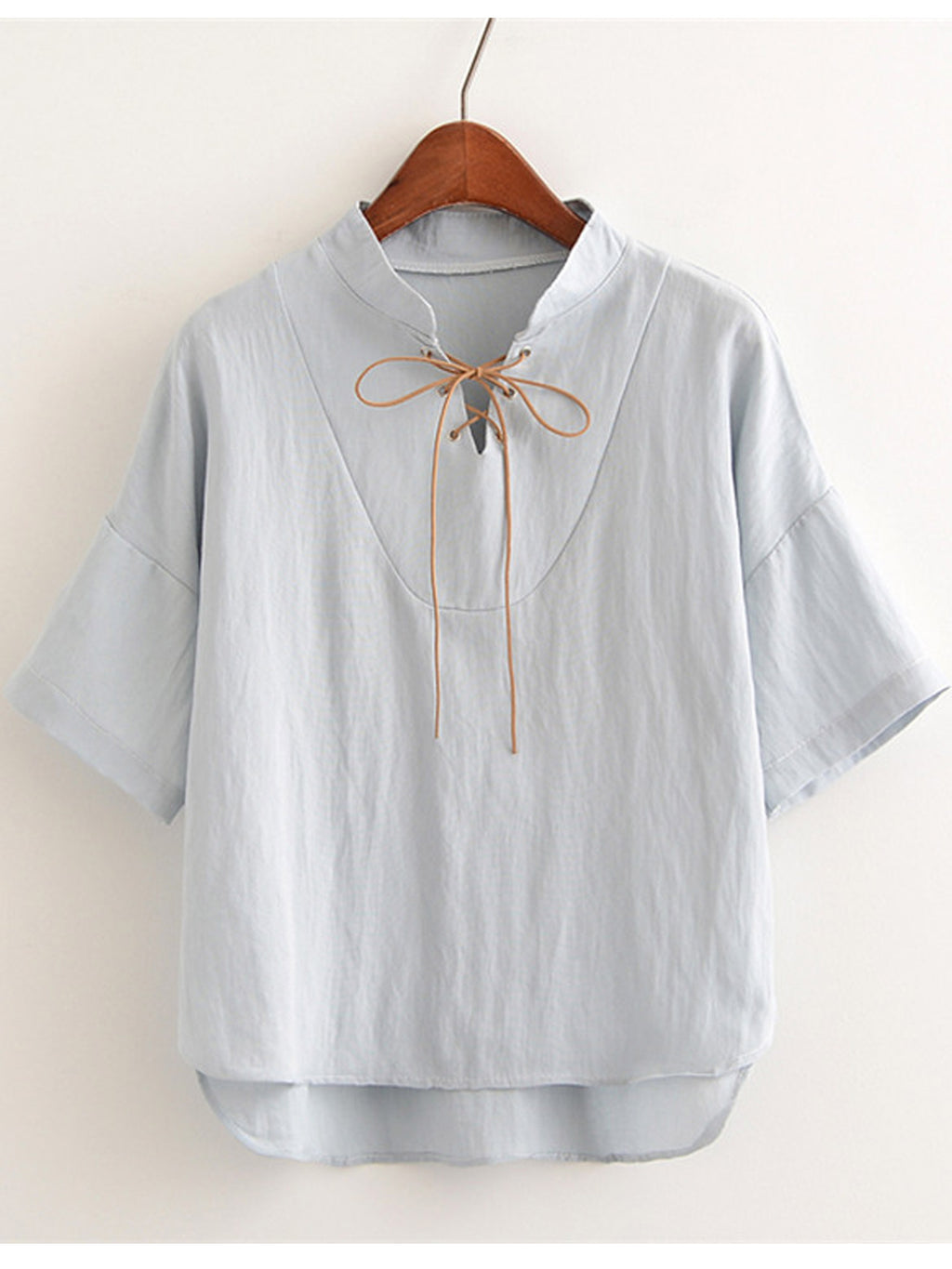 Women Tie Neck Solid Colored Irregular Hem Top