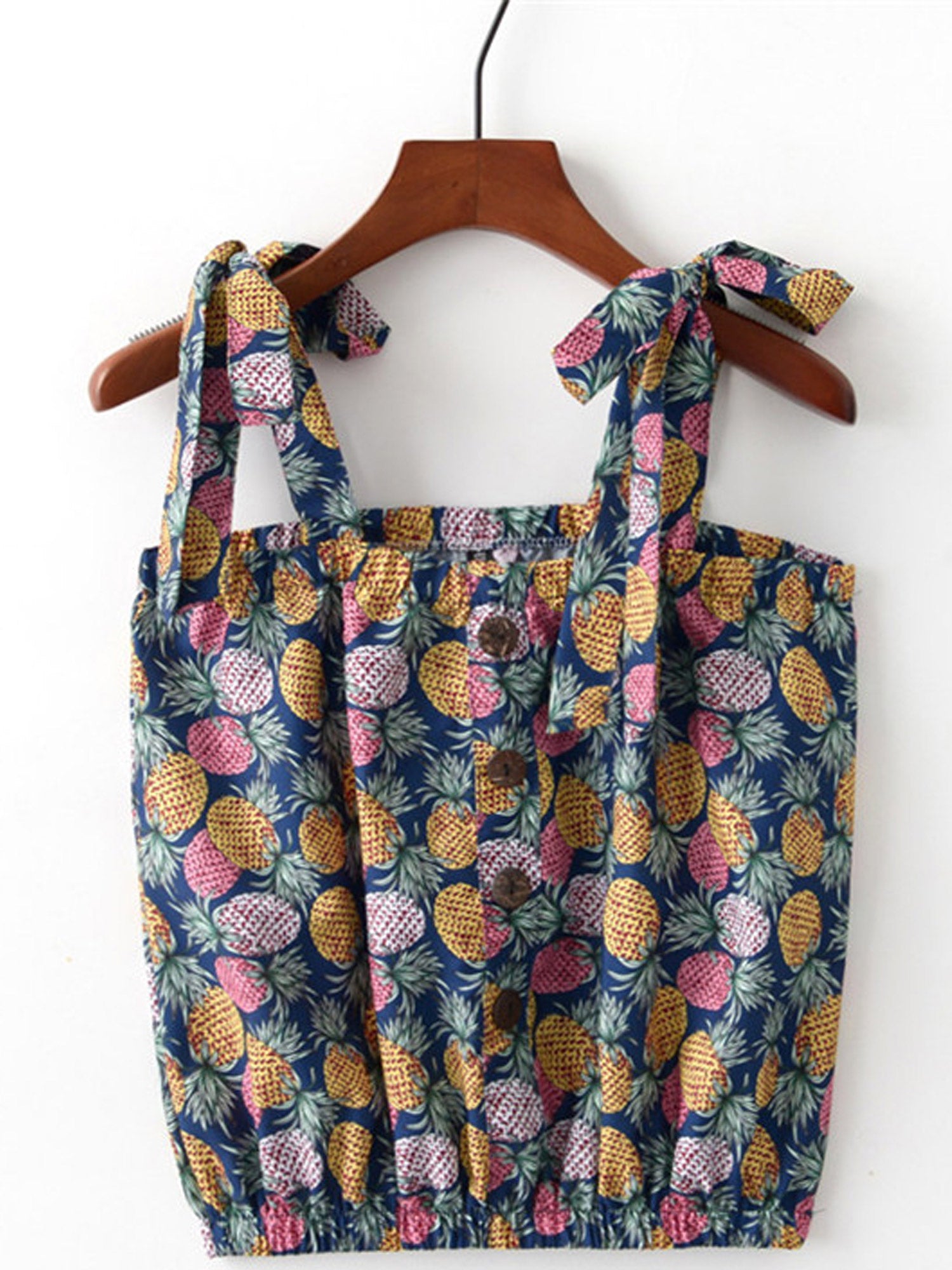 Women Tie Shoulder Pineapple Print Casual Top