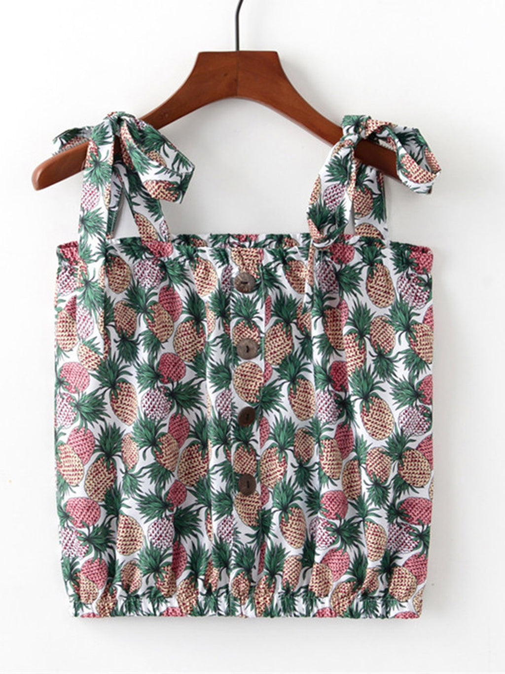 Women Tie Shoulder Pineapple Print Casual Top