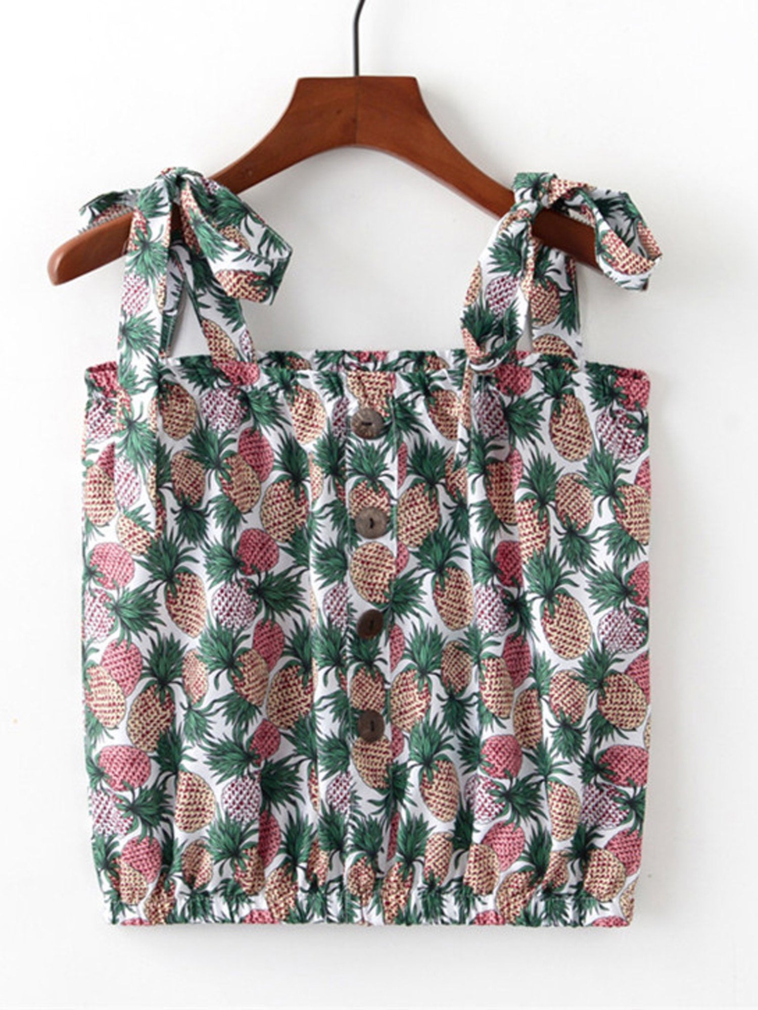 Women Tie Shoulder Pineapple Print Casual Top