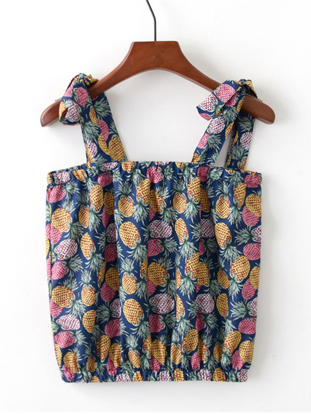 Women Tie Shoulder Pineapple Print Casual Top