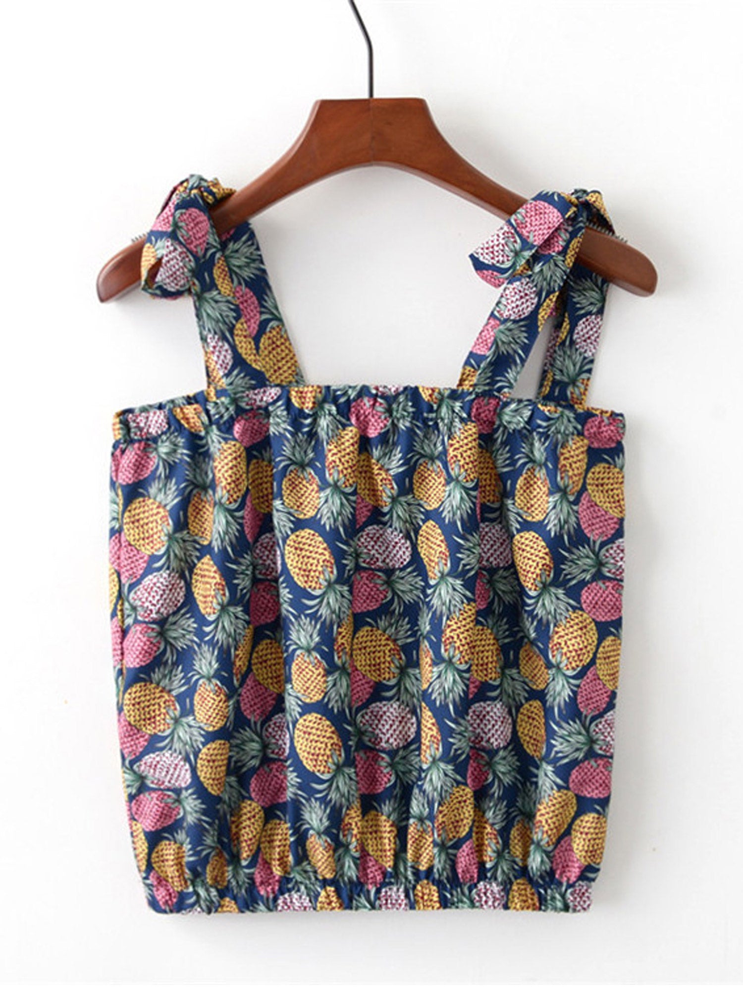 Women Tie Shoulder Pineapple Print Casual Top