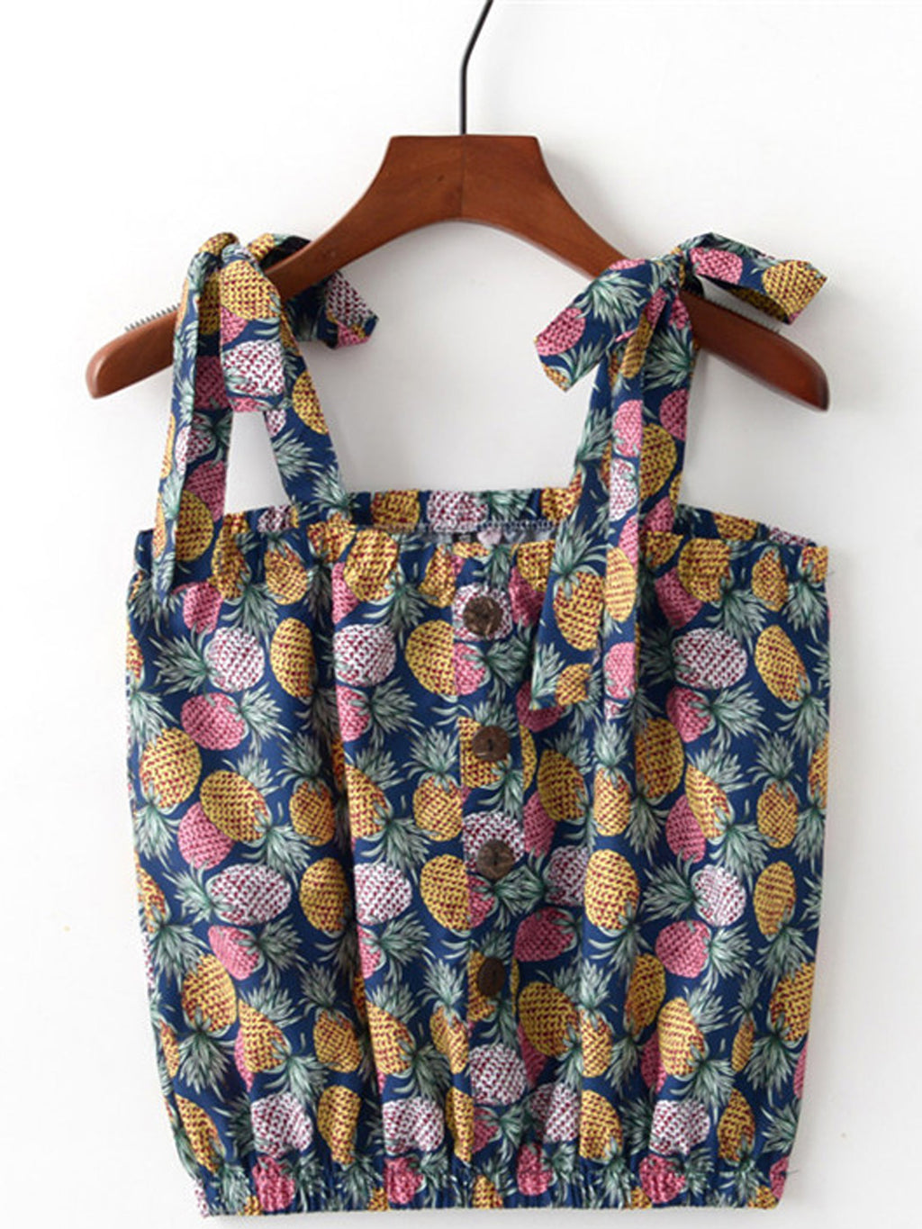 Women Tie Shoulder Pineapple Print Casual Top