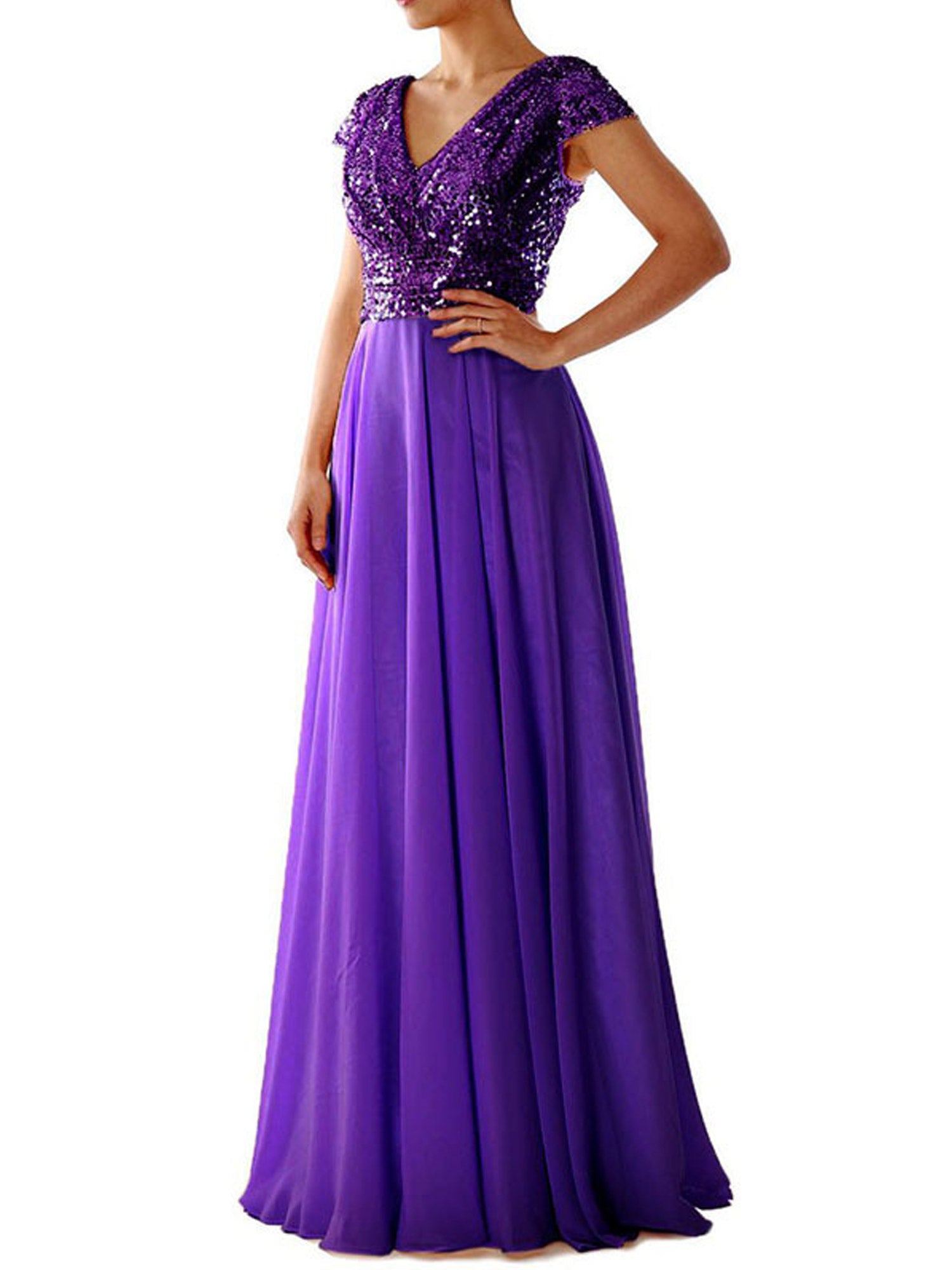 Women V-Neck Pleated Skirt Sequin Party Dress