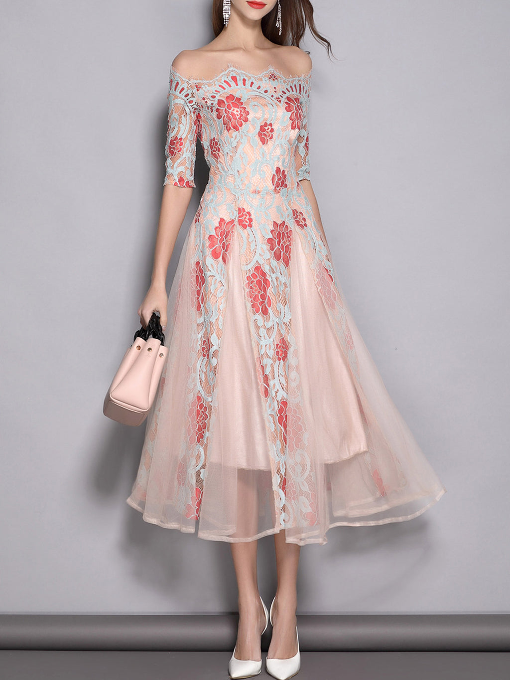 Women Lace Stitched Off Neck Beautiful Dress