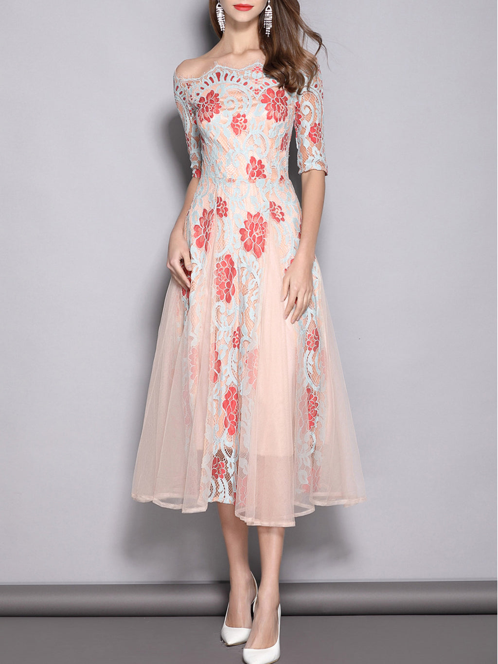Women Lace Stitched Off Neck Beautiful Dress