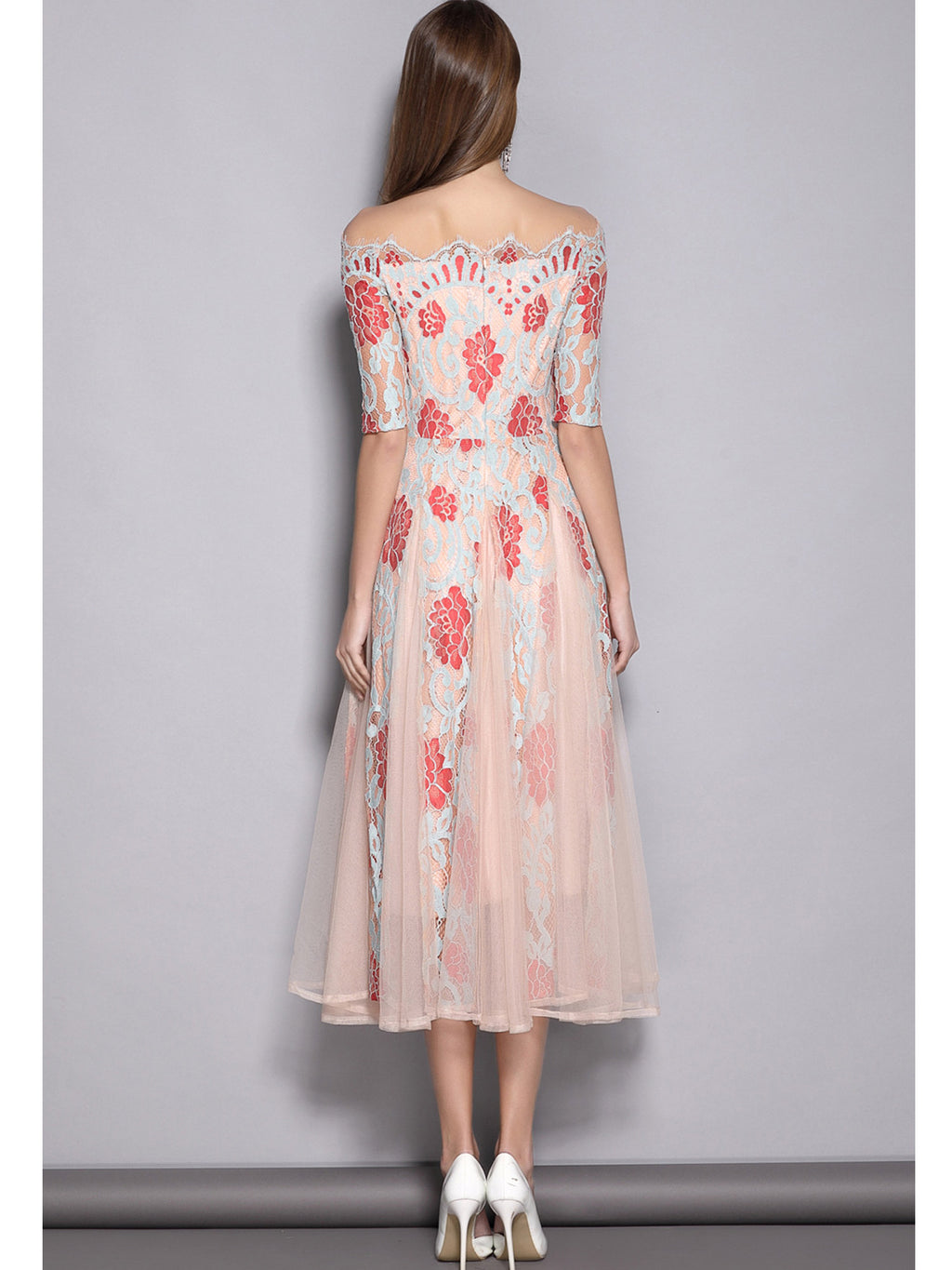 Women Lace Stitched Off Neck Beautiful Dress