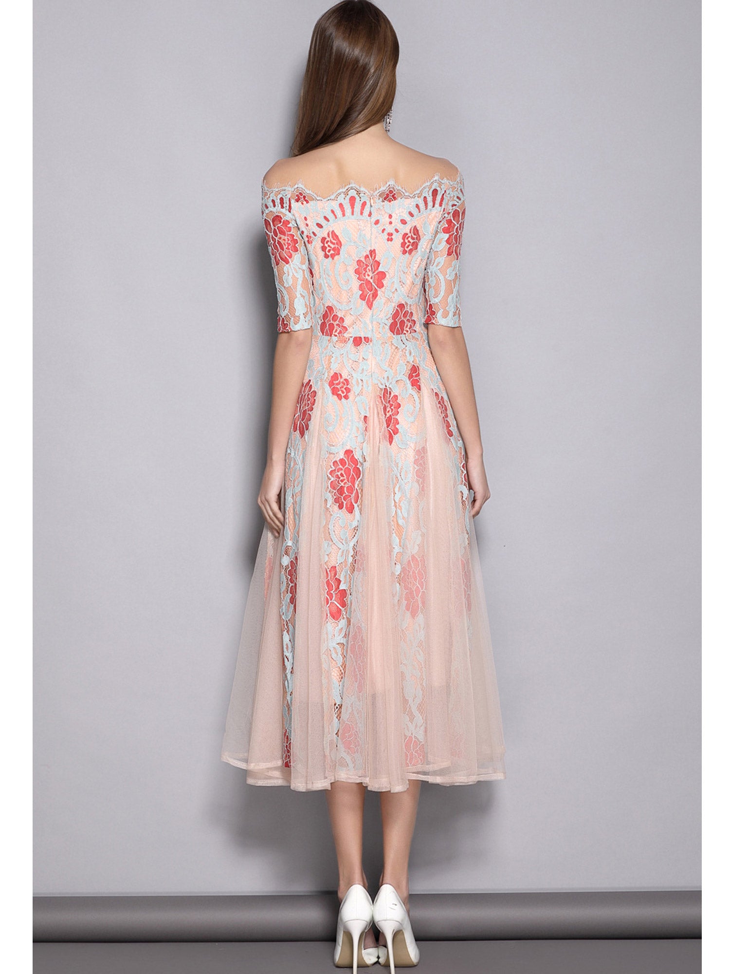 Women Lace Stitched Off Neck Beautiful Dress