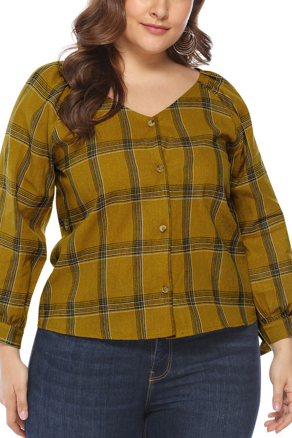 Women Plaid Long Sleeve V-Neck Top