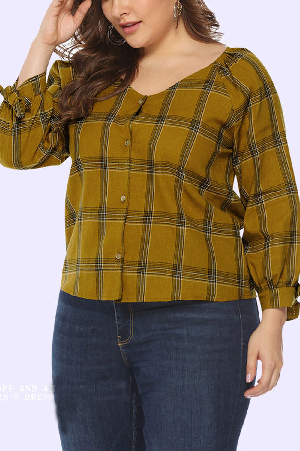 Women Plaid Long Sleeve V-Neck Top