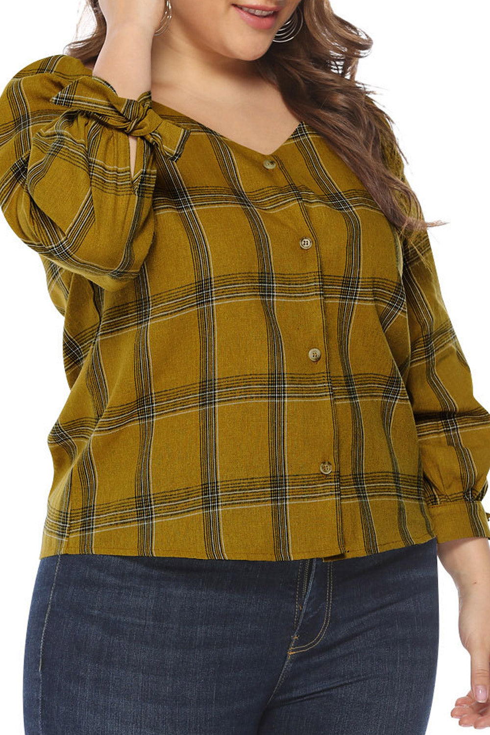 Women Plaid Long Sleeve V-Neck Top