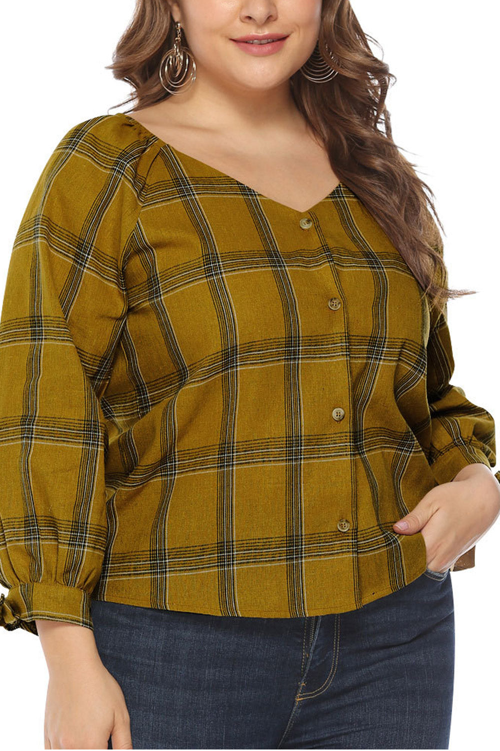 Women Plaid Long Sleeve V-Neck Top