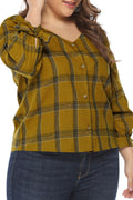 Women Plaid Long Sleeve V-Neck Top