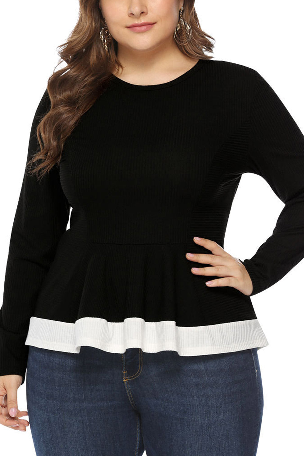 Women Slim Long Sleeve Contrast Color Top