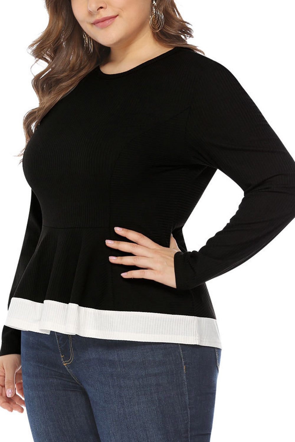 Women Slim Long Sleeve Contrast Color Top